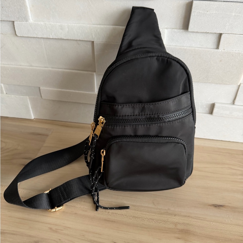 Black Crossbody Sling Bag - Minimal Nylon Design Gold Hardware